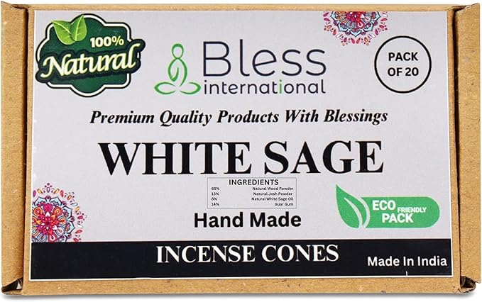 Bless-International White Sage 100%-Natural-Incense-Cones Handmade-Hand-Dipped Organic-Chemicals-Free for-Purification-Relaxation-Positivity-Yoga-Meditation The-Best-scents (20 Count)