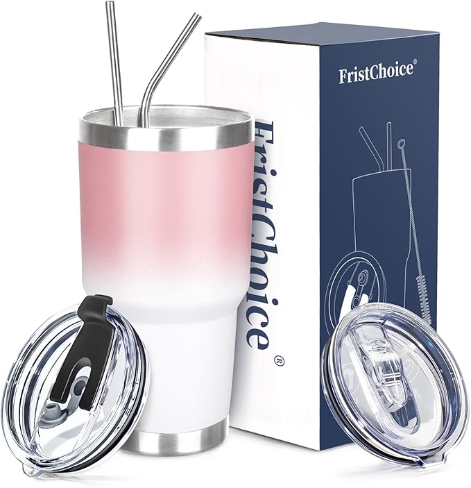 30 oz Tumbler with Lids and Straws Double Wall Vacuum Insulated Tumbler Cup,Stainless Steel Leak-proof Thermal Tumbler Powder Coated Travel Coffee Mug for Cold and Hot Drinks,Pink White - Bloomnest