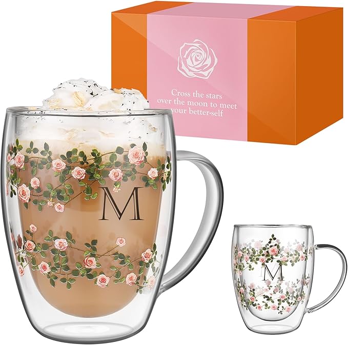 Initial Glass Cup for Women, 12oz Rose Double Walled Glass Coffee Mugs, Personalized Gifts for Women, Initial Coffee Tea Mug with Scarf, Birthday Wedding Gifts for Her Mom Teacher (ROSE-M) - Bloomnest