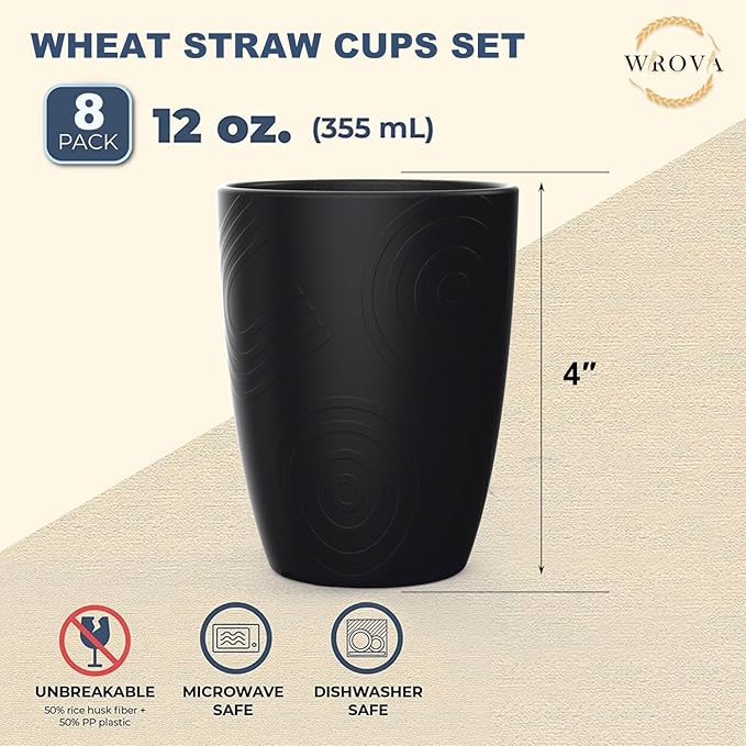 Wheat Straw Cups 8 PCS Good Alternative to Plastic Reusable Cups 12 oz Unbreakable Drinking Cup Reusable Dishwasher Safe Water Plastic Glasses Pure Black - Bloomnest