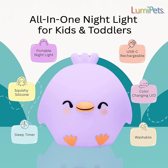 Lumipets Clara The Chick Squishy Silicone Night Light for Kids | Cute Night Light with Remote & Touch Control for Baby & Toddler Bedrooms | Color Changing Portable Animal Nightlight | Soft Mood Lamp - Bloomnest