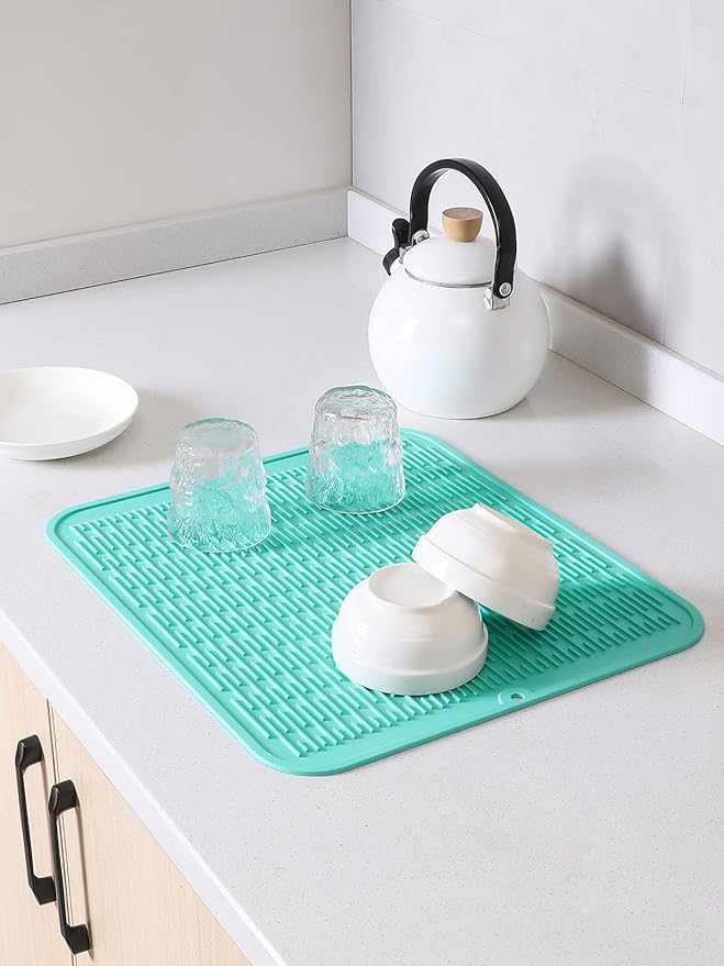 Silicone Dish Drying Mat for Multiple Usage,Easy clean,Eco-friendly,Heat-resistant Silicone Mat for Kitchen Counter or Sink,Refrigerator or Drawer Liner Mint XL 18 inches x 16 inches - Bloomnest