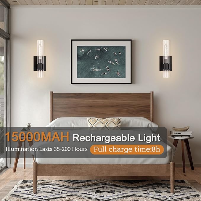BELS Battery Operated Wall Sconces Set of Two, 13 Inch Black Wireless Wall Light with Clear Glass, Dimmable, 4000K, Remote Control, Rechargeable Wall Sconce for Bedroom, Living Room, Hallway - Bloomnest