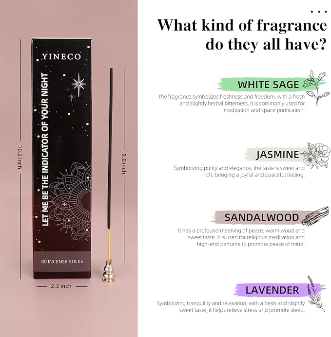 Incense Sticks Gift Set of 80-4 Scents (White Sage, Sandalwood, Jasmine & Lavender), Organic & Slow-Burning for Relaxation, Meditation & Aromatherapy (Black) YINECO