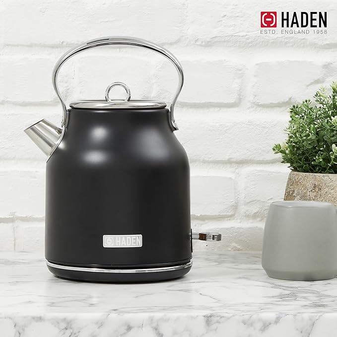 HADEN Heritage 1.7 Liter Stainless Steel Electric Kettle, Hot Water Kettle with 360-Degree Base and Auto Shutoff, Black & Chrome - Bloomnest