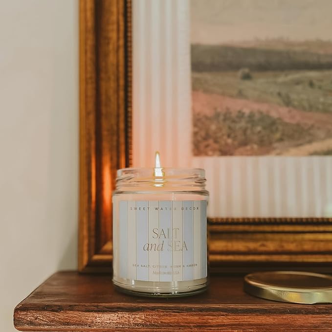 Sweet Water Decor Salt and Sea Patterned Candle – Soy Candles with Sea Salt, Citrus, Musk, Amber Aroma– 40 Hour Burn – 9oz Clear Glass Jar – Ocean Summer Candles for Home Decor - Bloomnest