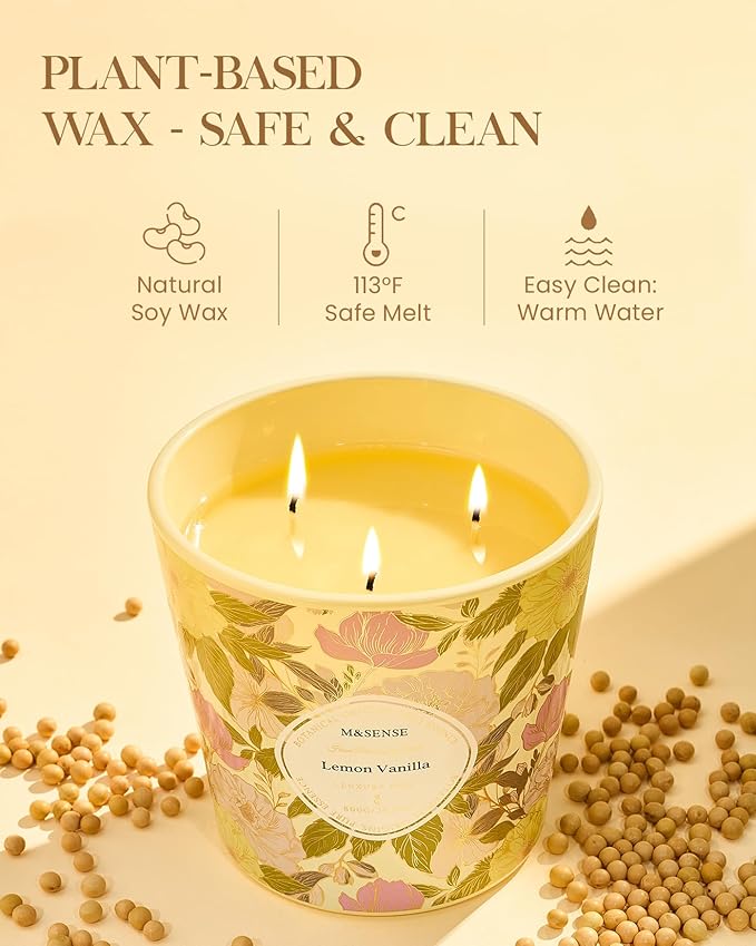 M&SENSE Lemon Vanilla Scented Candle, 28.2oz 3 Wick Natural Soy Wax Large Candles, Long Lasting Clean Slow Burning No Toxic Décor for Home Relaxation, Romantic Dates & Gift-Giving - Bloomnest