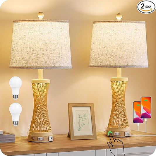 24.4” Farmhouse Rattan Table Lamps Set of 2, Touch Bedside Lamps for Bedroom with 3-Way Dimmable Night Light, USB A+C Charging Ports, Bamboo Boho Nightstand Lamp with Beige Linen Shade H04TL05 - Bloomnest