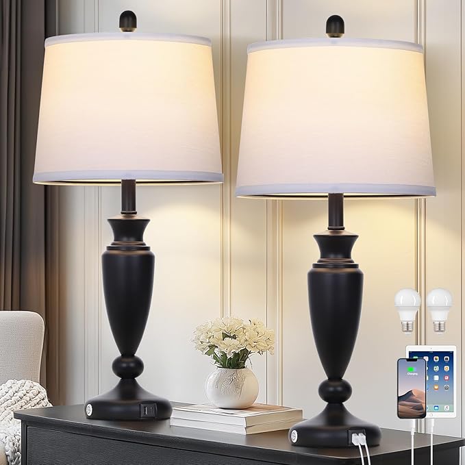 27'' Black Table Lamps Set of 2, 3 Way Touch Control Living Room Lamps with USB A+C Ports, Modern Bedside Lamps, Elegant Metal Nightstand Lamps for Bedroom Office End Table Decoration - Bloomnest
