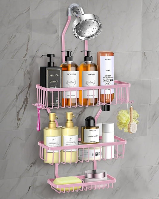 Pink Shower Caddy for Bathroom - Never Rust Hanging Shower Organizer with Soap Basket and Hooks - Large Capacity 3 Tier Aluminum Over The Showerhead Caddy - Bloomnest