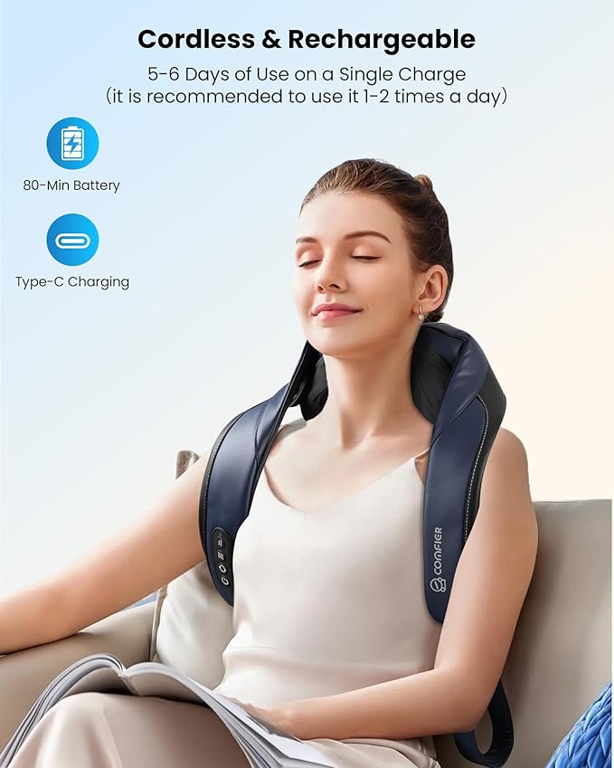 COMFIER Shiatsu Neck Massager with Heat, Cordless Neck and Shoulder Massager for Pain Relief Deep Tissue, Graphene Heating, 4D Kneading Back Massage Pillow, Rechargeable Massager - Bloomnest