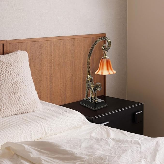 Eapmic Table Lamp, Resin Monkey Desk Lamp, Retro Bedside Light Animal Table Lamp with Trumpet Shade, Monkey Light for Bedroom Living Room Kids Room Office Home Decoration (Style 2) - Bloomnest