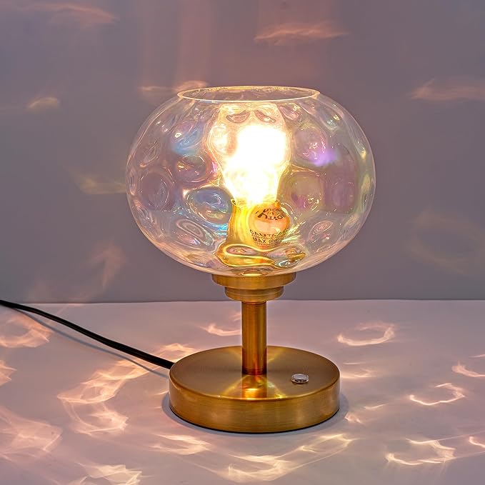 Touch Control Hammered Glass Table Lamp Brass Gold Portable Dimmable Brightness Small Nightstand Light 3-Way Stepless Dimming Bedside Bedroom Living Room (Stained Glass & Gold) - Bloomnest