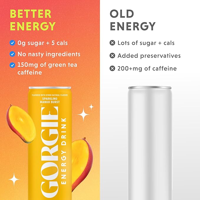 GORGIE Sugar Free Natural Energy Drinks, Sparkling Mango Tango (12 Pack) - Healthy Energy Drinks - Natural Coffee Replacement with Green Tea Caffeine and Biotin - 150mg Caffeine, Vegan, & Low Calorie - Bloomnest