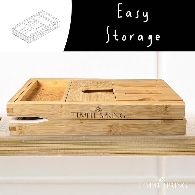 Temple Spring Foldable Bathtub Tray, Unique Design Selfcare Bathroom Caddy, Bamboo Spa Bathroom Tray, Wooden Bathtub Accessories, Wedding Gift/Birthday Gift/New Home Bath Table - Bloomnest