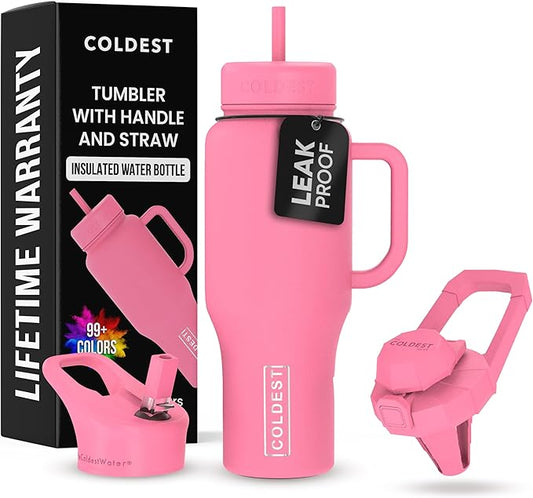 Coldest Tumbler with Handle and Straw, 100% Leak Proof Insulated Tumbler with Lid and Straw (3 Lids), Stainless Steel Tumblers for Women & Men, Cup Holder Friendly, 36 oz (Pink Perfection) - Bloomnest