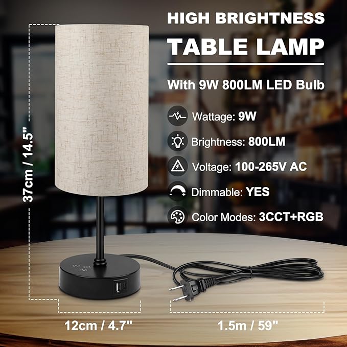 Unicozin Table Lamp, 3 CCT 3000K/4500K/6500K & RGB Color Changing, Stepless Dimmable Small Bedside Lamp for Reading, Ambience Nightstand Light for Home Decor Party, Beige Shade - Bloomnest