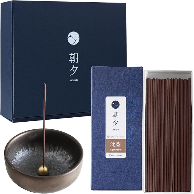 Asayu Japan Low Smoke Incense Gift Set with Incense Holder and Brass Stand, Agarwood Incense Sticks with Zen Holder - Bloomnest