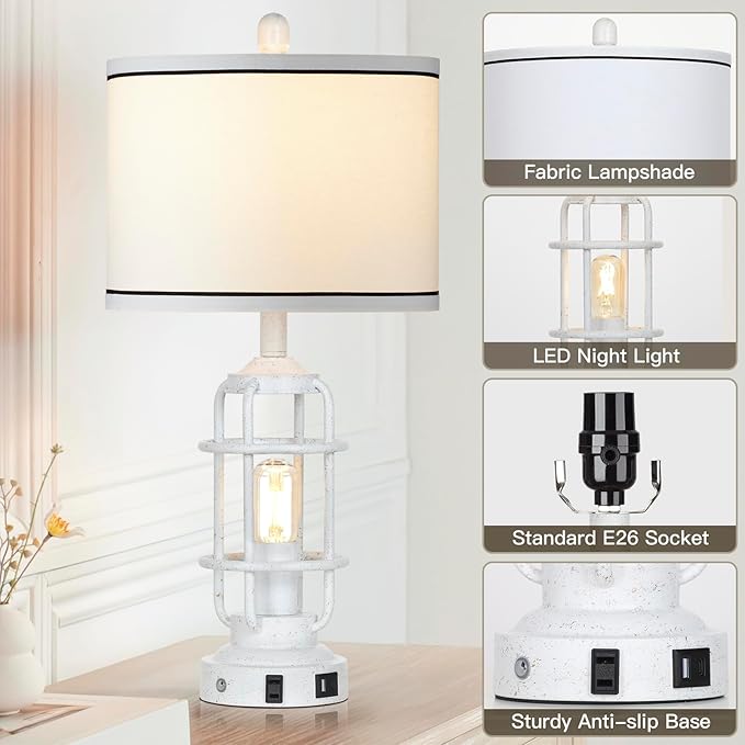 Farmhouse Lamps Set of 2, White Vintage Rustic Industrial Lamps with USB A+C Charging Ports & AC Outlet, 3 Way Dimmable Touch Control Table Lamp with LED Night Light for Living Room Bedrooms Office - Bloomnest