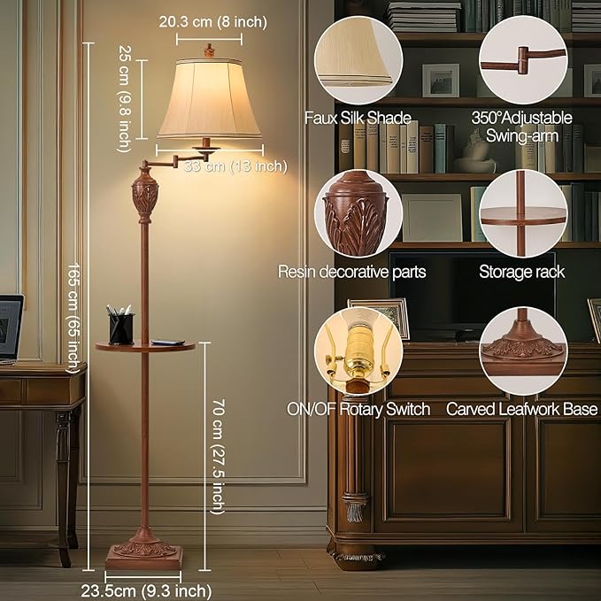 Traditional LED Floor Lamp with 350° Adjustable Swing Arm Lamp – Vintage Standing Pole lamp for Living Room, Bedroom and Office – Rustic Upright Floor Light for Home Décor with Silk Fabric Shade - Bloomnest