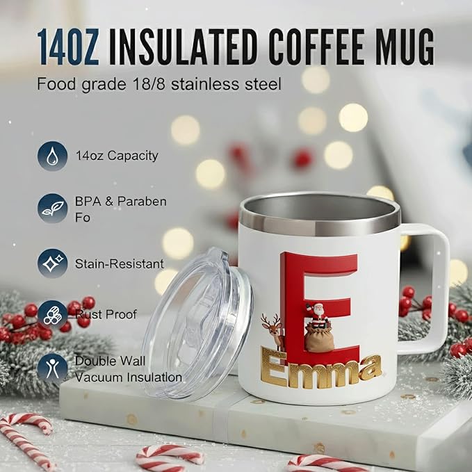 Personalized Christmas Insulated Coffee Mug with Handle – Custom Initial Letter Double Wall Stainless Steel Travel Tumbler for Hot & Cold Drinks – Unique Holiday Gift for Men, Women, & Kids(B111) - Bloomnest