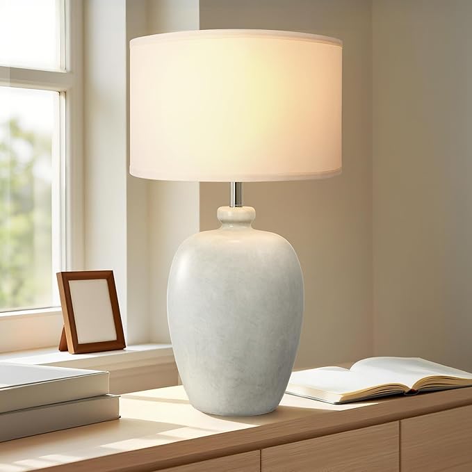 WJShome 27" Farmhouse Ceramic Table Lamp with Unique Ice Pattern Effect and White Linen Shade - Perfect for Bedroom, Living Room, Dining, and Office! (Bulb Not Included) - Bloomnest