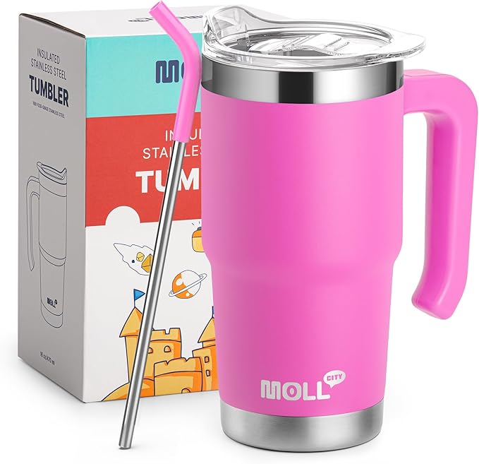 Kids Tumbler-16 oz Stainless Steel Double Wall Vacuum Insulated Tumbler Cup with Lid and Straw Travel Coffee Mug with Handle(Hot Pink) - Bloomnest