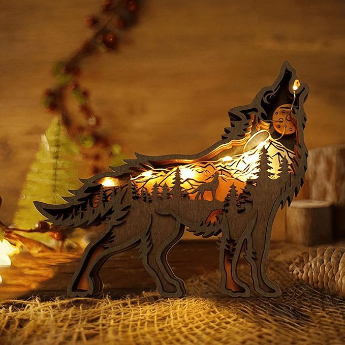 3D Wood Carving Animals Lamp Home Decorative, Cute Bear Family Elephant Presents Ideas Christmas Living Room Office Decor Warm LED Night Lights Gift for Friend Daughter Son Mom Dad (Wolf) - Bloomnest