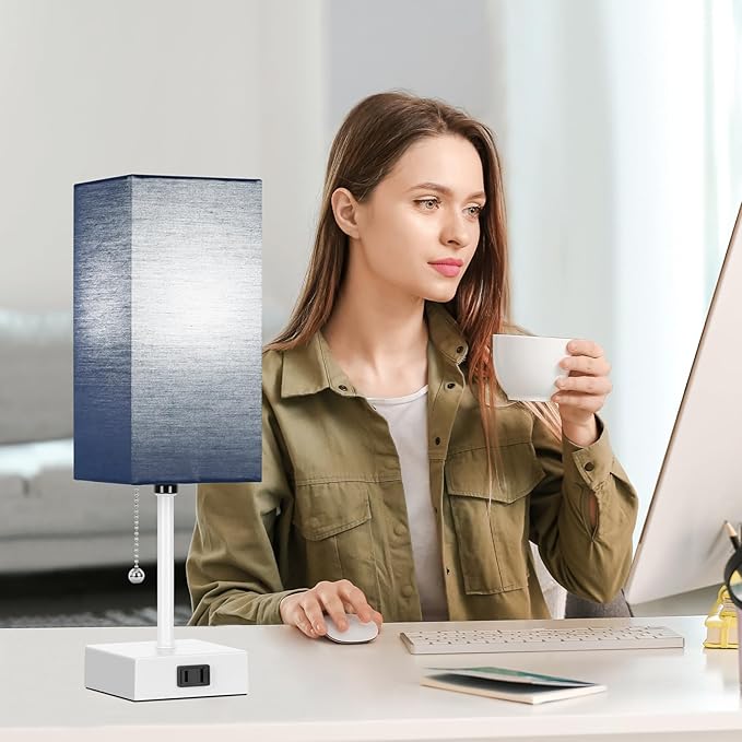 Table Lamp for Bedroom set of 2,3-Color Bedside Lamps with Pull Chain Table Lamps for Nightstand with AC Outlets,Small Night Light Lamps with 2 Bulbs Lamps for Living Room Kids Room Office Decor（Blue） - Bloomnest