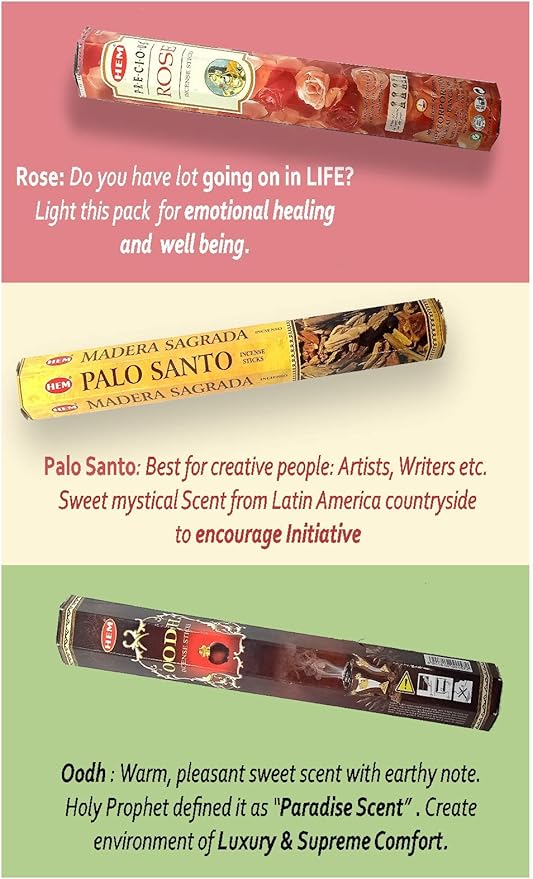 HEM Incense Sticks Variety Pack- (6 Types, 120 Scent Sticks) | Palo Santo Incense Sticks, Cinnamon Incense, Sandalwood Incense, Oud Incense, Rose Incense & Jasmine Incense Sticks