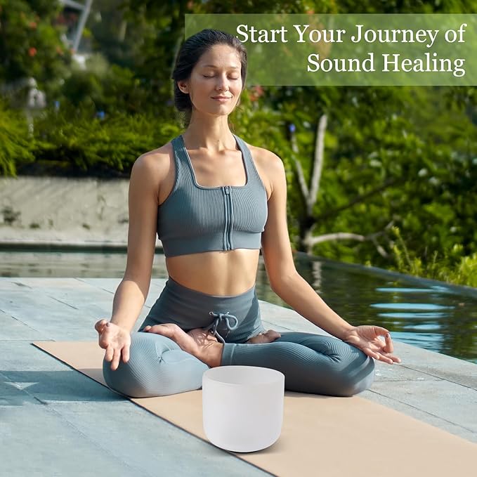 432HZ 7 Inchs Frosted Crystal Singing Bowl Set for Meditation Healing Yoga Chakra Quartz Crystal Sound Bowls with Heavy Duty Carry Case and Rubber Mallet,Suede Striker,O-rings - Bloomnest