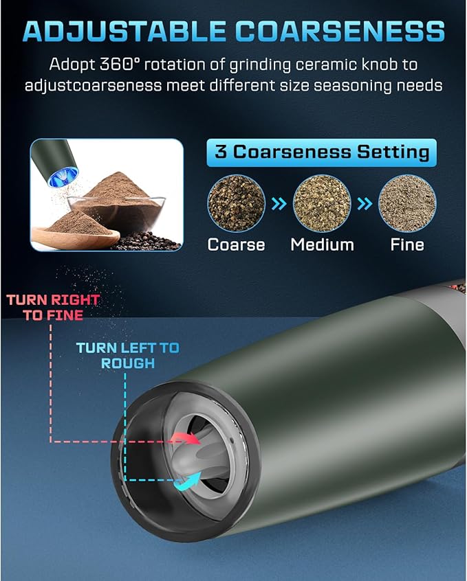 XinXu Gravity Electric Pepper and Salt Grinder Set, Adjustable Coarseness, with LED Light, One Hand Automatic Operation (Set/DarkGreen X) - Bloomnest