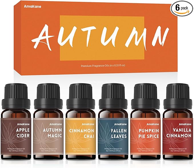 AmaKane Fall Fragrance Oil, Autumn Essential Oils for Diffuser, Soap Candle Making Scents, Pumpkin Pie Spice, Vanilla Cinnamon, Apple Cider, Fallen Leaves, Autumn Magic, Cinnamon Chai, 6x10 ml AmaKane