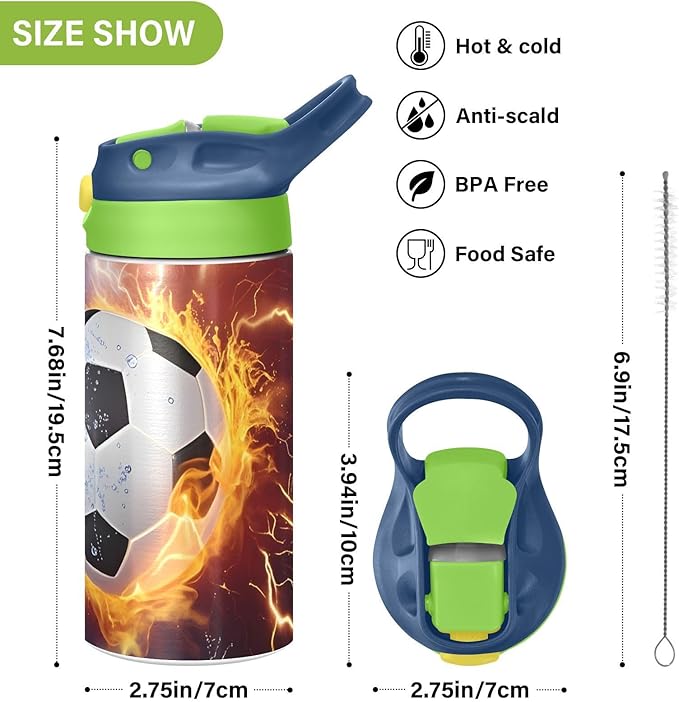 Soccer Fire Electric Spark Kids Water Bottle with Straw Lid Insulated Tumbler with Handle Stainless Steel Reusable Toddlers Cup for Kids Boys 12 oz - Bloomnest