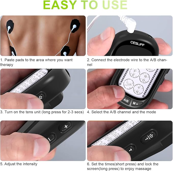 Dual Channel TENS EMS Unit 24 Modes 36 Levels, Upgraded Large Screen Intensity Muscle Stimulator for Back Neck Shoulder Pain Relief, Rechargeable Electric Pulse Massager TENS Machine with 10 Pads CESLIFF