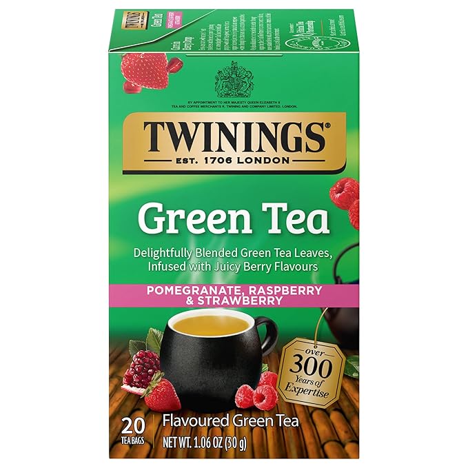 Twinings Green Tea with Pomegranate, Raspberry, & Strawberry Individually Wrapped Bags, 20 Count (Pack of 1), Caffeinated, Enjoy Hot or Iced, 20 Teabags - Bloomnest