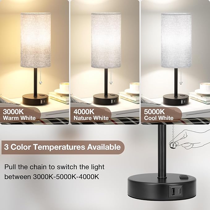 17.4Inches Grey Bedside Lamp for Bedroom Nightstand - Tall Table Lamp with USB A + C Charging Port & AC Outlet, 3 Color Temperatures Pull Chain Light, Side Table Desk Reading Lamp for Living Room - Bloomnest