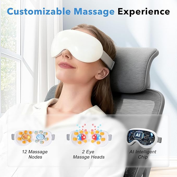 Eye Massager with Heat and Cooling for Migraines – 14 Massage Nodes for Eye Strain Relief, Rechargeable Bluetooth Music, Improve Sleep,Eye Strain Relief, Birthday Gifts for Women and Men(White) Bloomnest