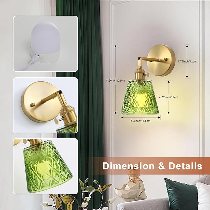 2 Pack Vintage Battery Operated Wall Sconces, Flower Green Lampshade & 180 Degree Adjustable, Wireless Rechargeable RGB Wall Light with Remote Control, for Bedroom Living Room Hallway Aisle - Bloomnest