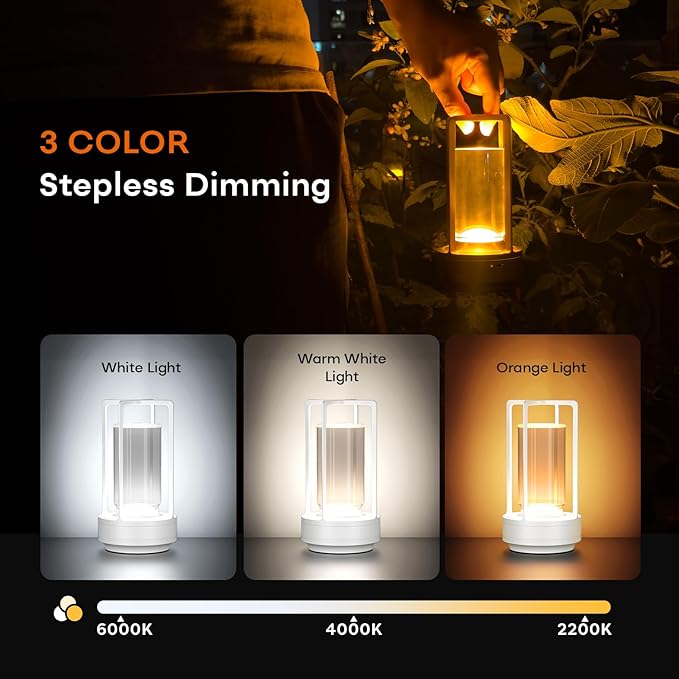 Portable Metal Table Lamp for Indoor/Outdoor ,Rechargeable Cordless LED Lamp, 3-Colour Infinitely Dimming Battery Powered Small Desk Lamp, Restaurant/Bedroom/Bar/Coffee/Camping Light (White Set of 2) - Bloomnest