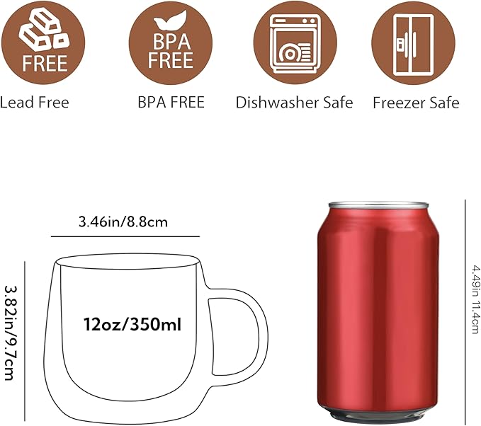 CNGLASS 12oz Double Walled Glass Coffee Mugs(4-pack),Large Clear Coffee Cups with Handle,Glass Espresso Mugs for Latte,Cappuccino,Tea - Bloomnest
