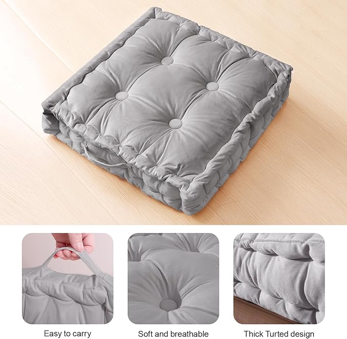 Square Floor Pillows, Large Floor Cushion for Adults Kids, Meditation Floor Pillow Seating Cushion with Shredded Memory Foam and Silk Wadding, 20"x20"x5" Dark Grey 2 Count - Bloomnest