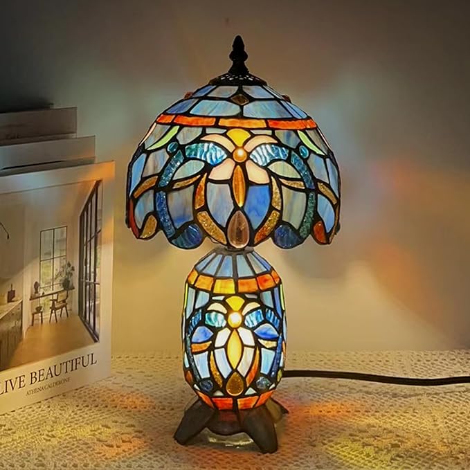 Small Tiffany Lamp Stained Glass Table Lamp Mini Mother Daughter Vase Desk Accent Night Light for Bedroom Bedside Reading Home Antique Style 8X14 Inches (Blue Purple) - Bloomnest