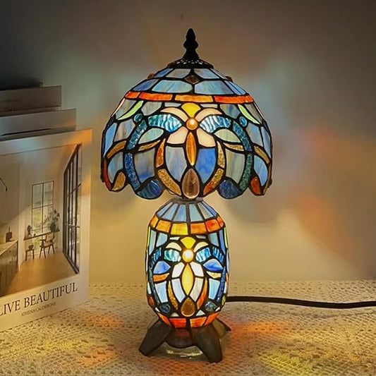 Small Tiffany Lamp Stained Glass Table Lamp Mini Mother Daughter Vase Desk Accent Night Light for Bedroom Bedside Reading Home Antique Style 8X14 Inches (Blue Purple) - Bloomnest