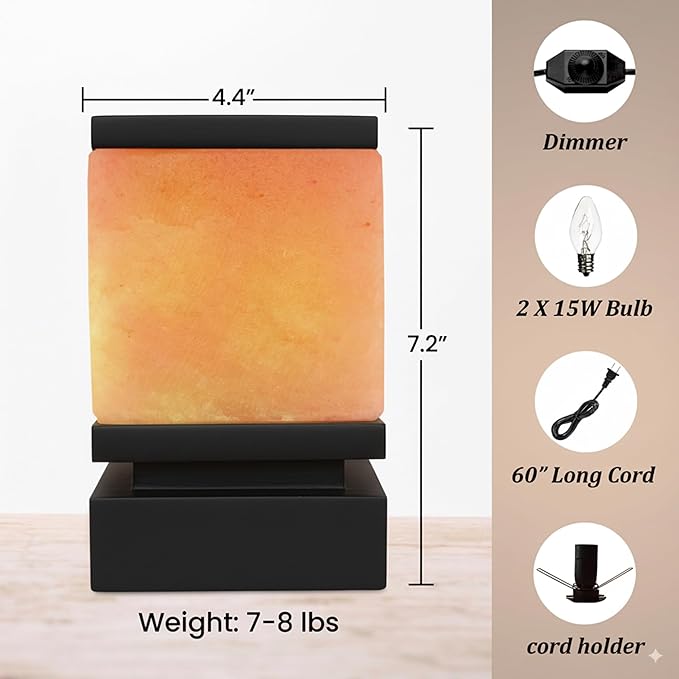 POHS 100% Authentic Himalayan Pink Salt Cube Lamp with Black Wooden Base, Dimmer Switch Cord and Two Bulbs, Night Light for Home and Office Table and Desk, Gift and Decor