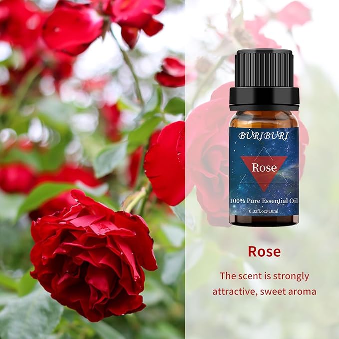 BURIBURI Rose Oil and Jasmine Essential Oil, 2Pcs 100% Pure Aromatherapy Rose Essential Oil Gift Set for Diffuser, Massage, Soap Candle Making BURIBURI