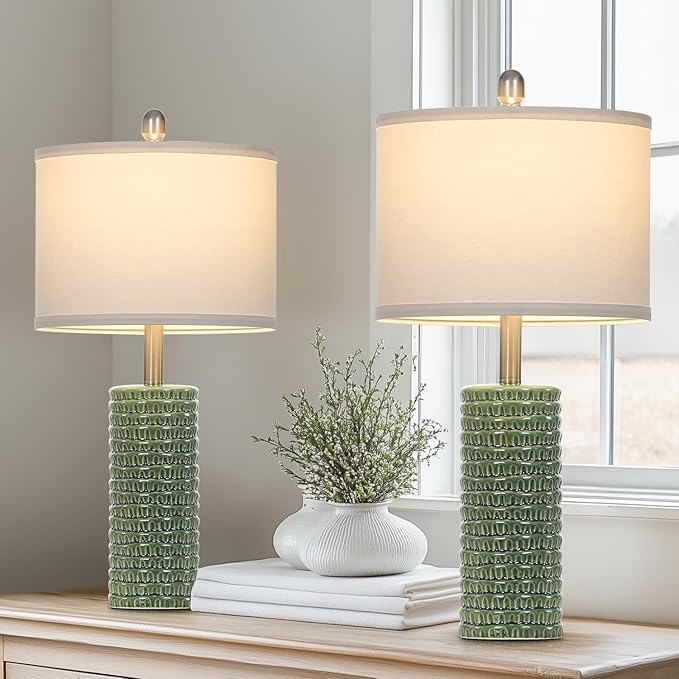 24.5" Green Ceramic Table Lamps Set of 2, Farmhouse Table Lamps for Living Room, Modern Lamps for Bedroom Night Stands, Traditional Nightstand Desk Lamps(LED Bulbs Included) - Bloomnest