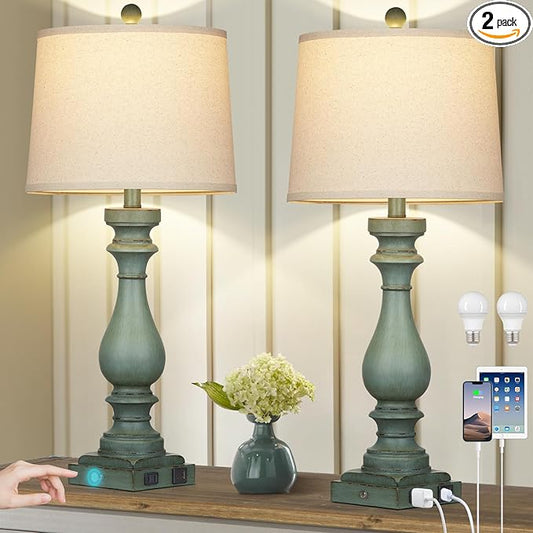 29" Tall Table Lamp for Living Room Set of 2,Vintage Bedside Nightstand Lamps with USB C+A Ports & AC Outlet,3-Way Dimmable Touch Control Retro Green Desk Lamp for Bedroom,Color 4 - Bloomnest