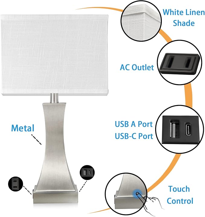 Table Lamp for Bedroom 3-Way Dimmable Touch Control Bedside Lamp with USB A+C Port & Outlet 21.6" Tall Nightstand Lamp for Living Room Bedroom Office and Hotel Bulb Included - Bloomnest