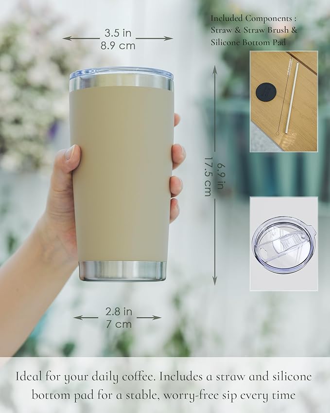 Travel Coffee Tumbler 20oz, 12 Pack Leakproof Travel Coffee Mug with Lid and Straw, Stainless Steel Double Wall Vacuum Insulated Tumbler for Hot/Iced Drinks (Textured Matte, Brown) - Bloomnest